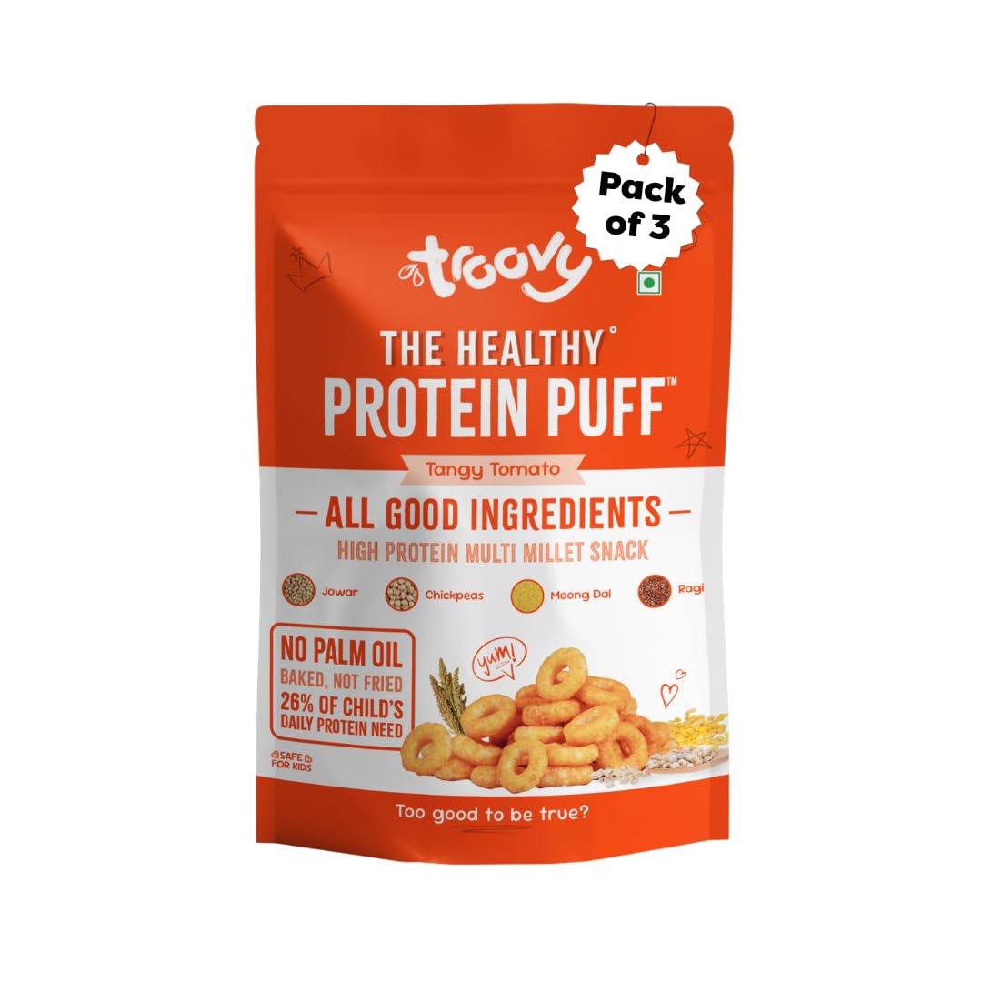 Troovy Healthy High Protein Puffs | Tangy Tomato Flavour | No Palm Oil, Cholesterol or Trans Fats, No Junk & Chemicals | Made with Multiple Millets, Grains and Dal | Pack of 3 (3 X 80 gm)-image-45