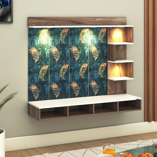 Image of Anikaa Laura Engineered Wood Wall-Mount TV Unit with Printed PVC Back Panel & LED Lights | TV Cabinet with Storage Box & Decorative Shelves (Coachwood /White) for TVs up to 43 Inch | DIY Installation