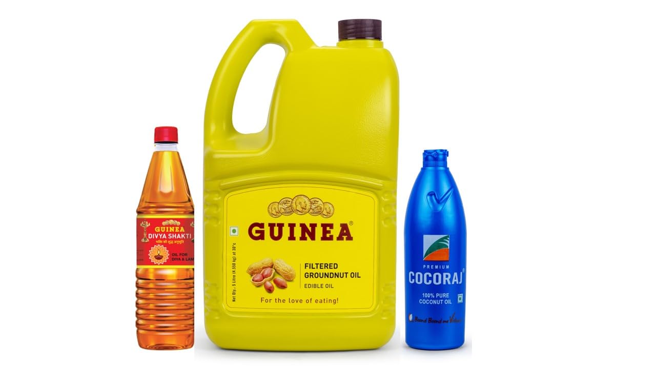 Guinea Filter Peanut Oil Jar 5L + Coconut Oil Bottle 500 ML + Pooja Oil 450 ML-Festival Offer I Diwali I Groundnut I Moongphali I Sing I Cooking I Edible Oil + Coconut Oil + Sesame Oil I – (Pack of 3) (B0CJ94FKT7) Amazon Price History, Amazon Price Tracker