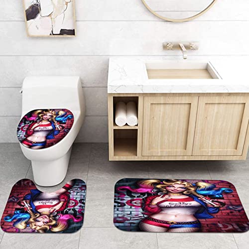 SNcek Harley Quinn Duschvorhang 180 x 200 180 x 180 Duschvorhänge Joker Harley Quinn Wasserdichtes Polyester Duschvorhang Badezimmermatte 4-teiliges Set (180 x 180 cm,9) – Bild 5