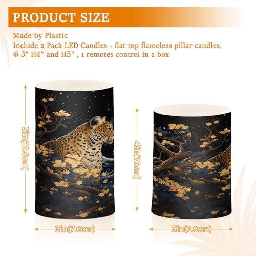 Image of Lights Flameless Candles Golden Leopard Pillar Candles Set of 2 Battery Operated Remote Control Warm Lights Home Decor
