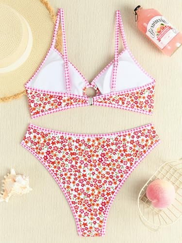 Image of Fanuerg Women's Triangle Bikini Sets O Ring Linked Two Piece Swimsuits Floral Printed Cheeky Bathing Suit