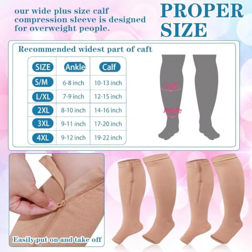 Image of Hillban 2 Pair 15 - 25 Mmhg Wide Plus Size Calf Zipper up Compression Socks for Women Men(4 XL,Black, Nude)