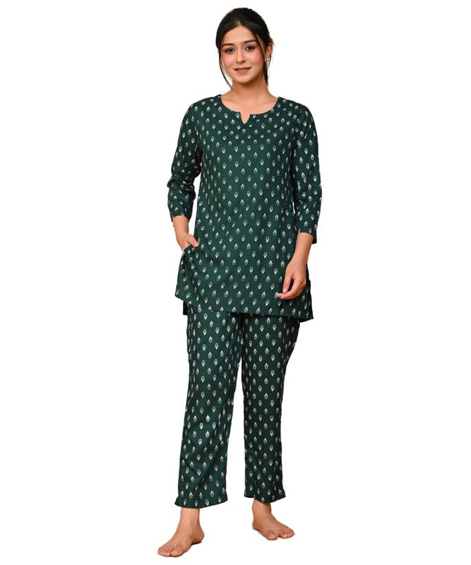 Women's Cotton All Over Printed Night Suit Top and Pyjama Set Women's Night Dress of Kurti & Pyjama Set-image-42