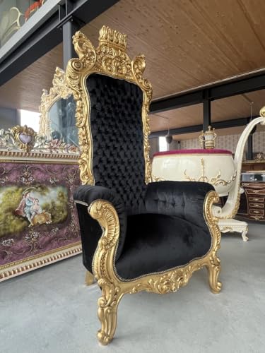 CasAmin Home & Living Riesiger Sessel mit Goldener Krone Königsthron Getufteter Schwarzer Samtthron im Barockstil mit Goldfinish für Kommerzielles Dekor als Party- und Eventdekor – Bild 4
