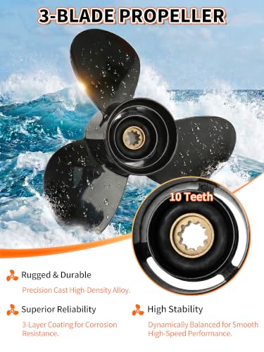 Image of OULEME 48-19640A40 Aluminum Boat Propeller, 10 3 /8 x 13, for Mercury Outboard 9.9 /15 /18 /20 /25 HP Motors, 10 Tooth Spline, 3-Blade, RH