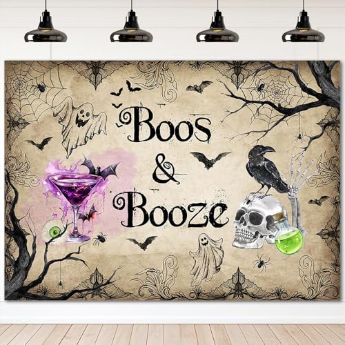 Mocsicka Halloween Boos and Booze Backdrop Gothic Skeleton Halloween Adult