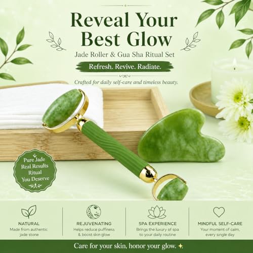 Image of Advance Gua Sha and Face Roller Set: Anti-Breakage Jade Roller for Long-Lasting Use, Jawline Sculpting and Puffiness Reducing, Gua Sha Facial Tools for Self Care Gift (Green