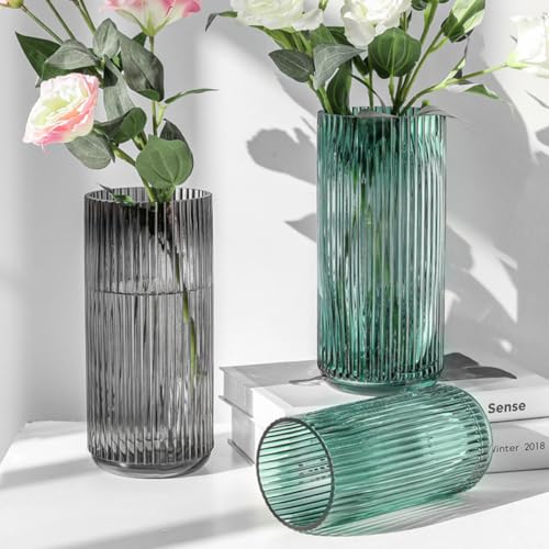 Jarrón de vidrio verde oscuro SECFOU con vetas verticales para decoración de oficina 7