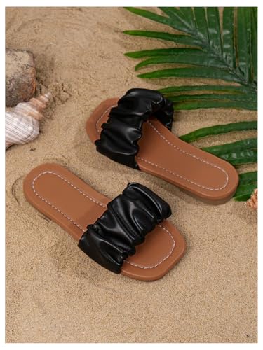 Image of GORGLITTER Girl's Ruched Single Band Chic Flats Square Open Toe Pu Leather Slide Sandals