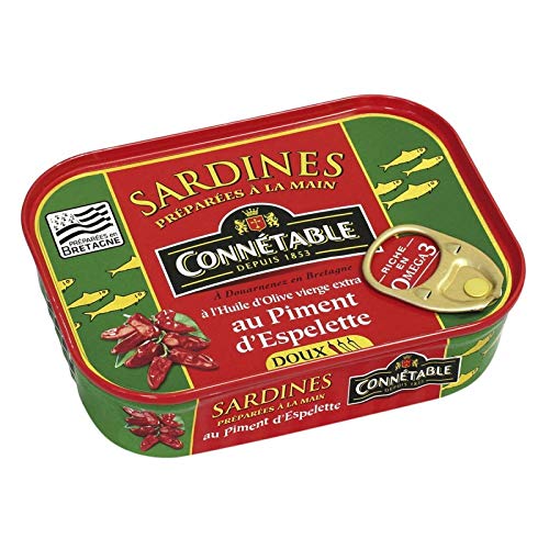 SARDINES À L'HUILE D'OLIVE VIÈRGE EXTRA ET PIMENT D'ESPELETTE 135G, CONNETABLE, LOT DE 4