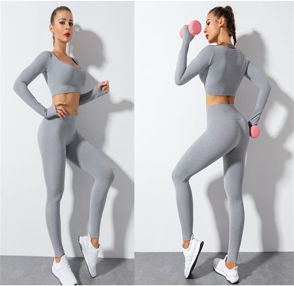 Long Sleeve Monochrome Square Neck Tracksuit Seamless High Waist Trousers Navel Gym Suit