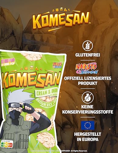 KOMESAN Naruto Reiswaffeln – Cream & Onion-Reis-Snack – Offiziell lizenziert – Crunchy Anime Reiswaffeln im Kakashi-Design – 1 x 60 g