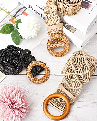Hercicy 3 Pcs Rattan Straw Woven Belt Bohemian Waist Rope Braid Belts for Women, Trendy Boho Ladies Skinny Dress Belt Multicolor3