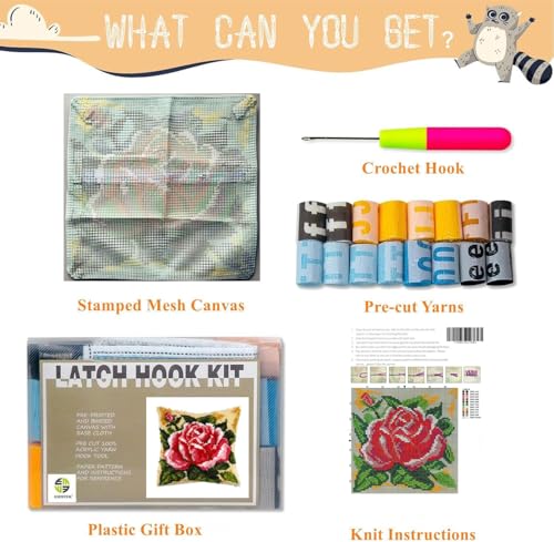 Image of EMISTEM Latch Hook Kits for Adults - Latch Hook Pillow Kits, Crochet Yarn Kit for Beginners, DIY Needlework Crafts Cover Case with Printed Canvas, (Red Rose,17x17 inch)