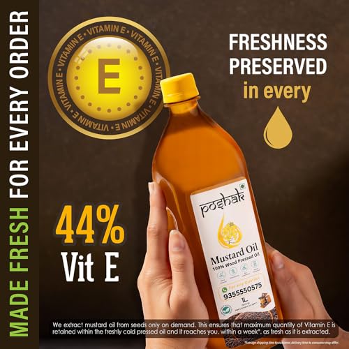Image of Poshak Cold Pressed Mustard Oil 1L | Wood Pressed | Kachi Ghani /Kolhu /Chekku | Unrefined & Chemical-Free | Pure & Natural Healthy Mustard Cooking Oil | Ideal for All Types of Cooking (Black Mustard)