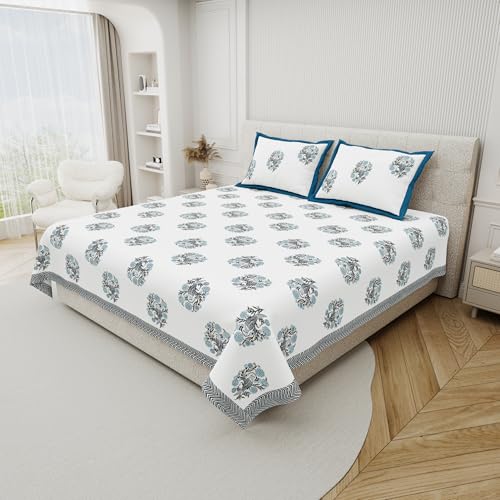 Image of DE CAMA Since 1997 | 100% Cotton 300 TC Premium King Size Bedsheet for Double Bed (90 x 108 Inch) with 2 Pillow Covers Set (17 x 27 Inch) Designer Printed Bedsheet Set - Birds of Wings Blue