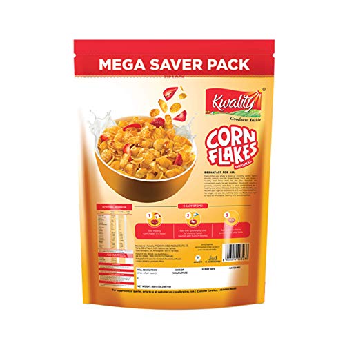 Image of Kwality Corn Flakes 1kg | Made with Golden Corns | 99% Fat Free, Natural Source of Vitamin & Iron | High in Protein & Fiber | Healthy Breakfast Cereal (Pack of 3)
