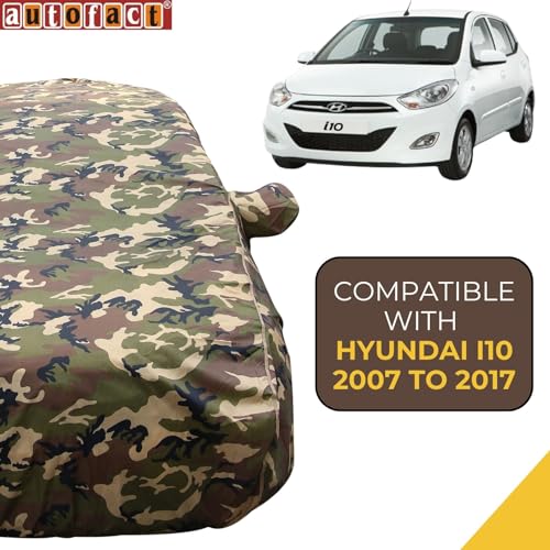 Image of Autofact Waterproof Car Body Cover Compatible with Hyundai i10 (2007 to 2017), with Mirror Pockets, 4 x 4 American Matty, Long Lasting Strong Durable Material, Camouflage Army Look