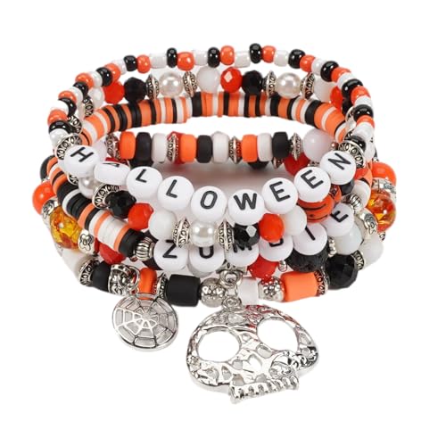 XFSRG Conjunto de pulseiras de pérolas em camadas para Halloween pulseira de Halloween elástica com pendentes de morcego aranha aranha e caveira jóias góticas para mulher, Argila macia