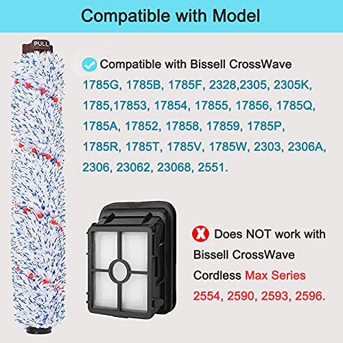 Bvhonwe 6 Pack Replacement Parts Compatible with Bissell CrossWave Vacuum Cleaner, 3 Pack Multi-Surface Brush Roll 1868 ,3 Pack Vacuum Filter 1866,Compare to Part 1608683, 160-8683, 1608684
