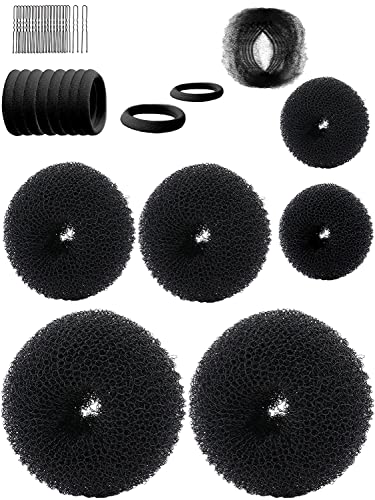 Stunner Cat Hair Bun Maker, Hair Doughnut Shaper (6PCS, 3 Sizes: Large 3.5IN, Medium 3IN, Small 2IN, Black) - Hair Styling Accessories Kit Includes Elastic Bands, Bobby Pins, Invisible Hair Nets