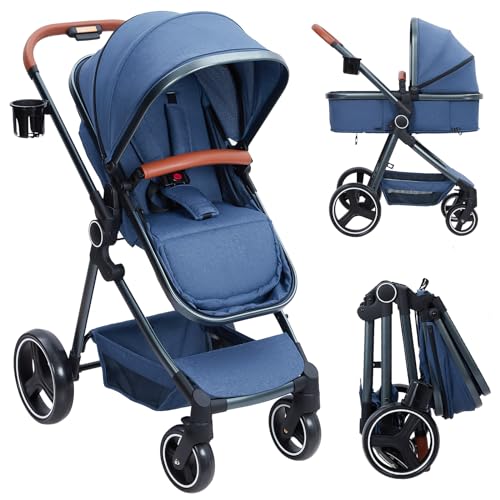 GAOMON Convertible Baby Stroller, Foldable Pushchair, Newborn Reversible Bassinet Pram (Blue_1)