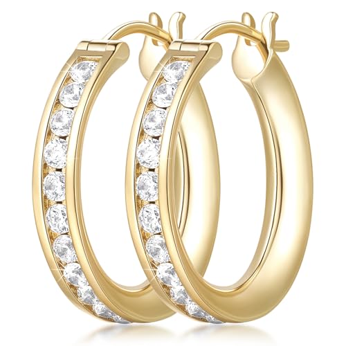 Gold Hoop Earrings 14K Gold Hoop Earrings for Women Comfortable Womens Earring Radiant Cubic Zirconia Hypoallergenic Lightweight Hoops Earring for Women 20mm