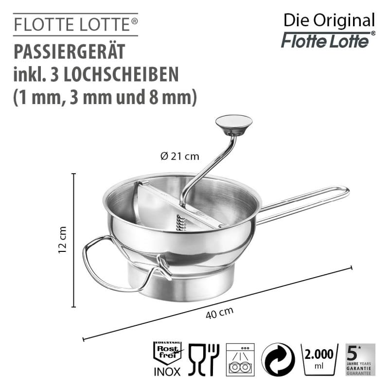 GEFU Passiergerät Original FLOTTE LOTTE mit 3 Lochscheiben 1/3/8 mm | Edelstahl Küchenklassiker für Gemüse, Früchte, Marmelade | Mit Abstreiffunktion