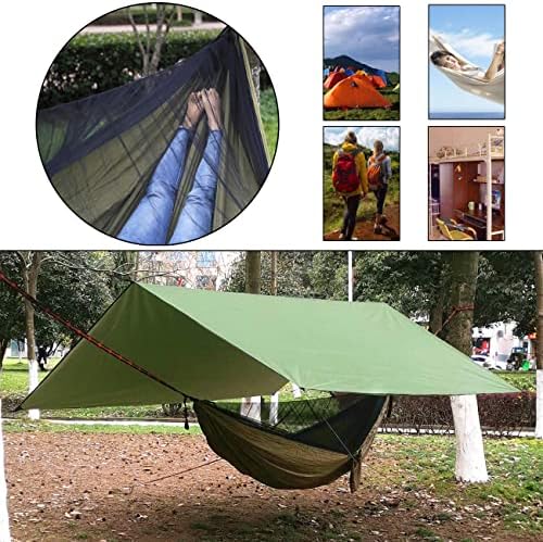 (Update to oversized Rain Fly) Portable camping hammock set, single double hammock, mosquito net, insect net, canopy, high strength parachute fabric hammock (Army Green heavy Rain Fly)
