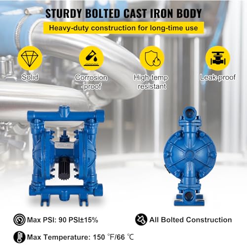 Image of VEVOR Air-Operated Double Diaphragm Pump, 1 /2 in Inlet & Outlet, Cast Iron Body, 8.8 GPM & Max 120PSI, Nitrile Diaphragm Pneumatic Transfer Pump for Petroleum, Diesel, Oil & Low Viscosity Fluids