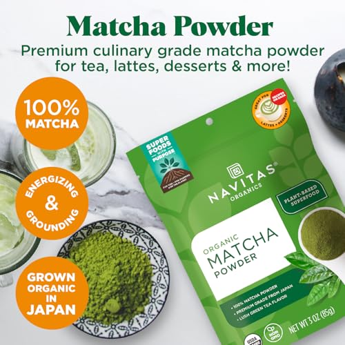 Navitas Organics Matcha Powder – For Tea, Lattes, Smoothies, Desserts & More – Energy & Antioxidants – Premium Culinary Grade – USDA Organic, Non GMO, Gluten Free, Kosher, Vegan (3oz. Bag 85 Servings)