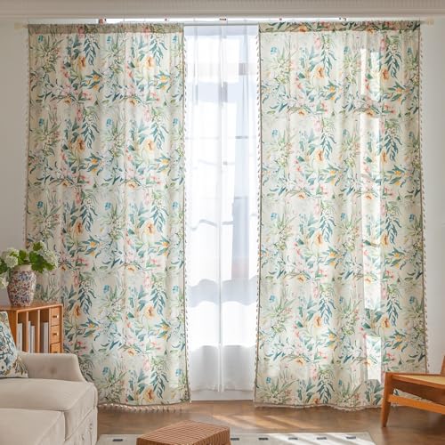 Image of Boho Floral Curtains French Country Farmhouse Curtains 54 Inches Long Light Filtering Window Rod Pocket Drapes for Living Room 2 Panels-Green Floral