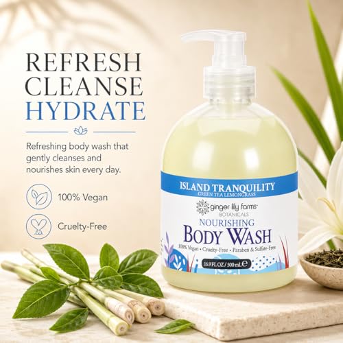 Image of Ginger Lily Farms Botanicals Body Wash, 16.9oz, Island Tranquility | 100% Vegan & Cruelty-Free | Nourishing Bath & Shower Gel for All Skin Types