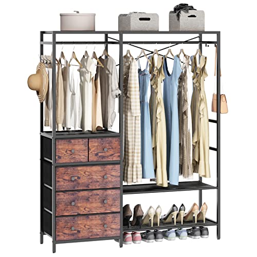 Clothes-Rack-with-5-Drawers-4-Storage-Shelves-591W709H-Heavy-Duty-Clothing-Rack-with-2-Hanging-Rods-Wardrobe-Closet-Organizer-System-with-5-Hooks-Freestanding-Garment-Rack-Rustic Clothes Rack with 5 Drawers 4 Storage Shelves 591W709H Heavy Duty Clothing Rack with 2 Hanging Rods Wardrobe Closet Organizer System with 5 Hooks Freestanding Garment Rack Rustic