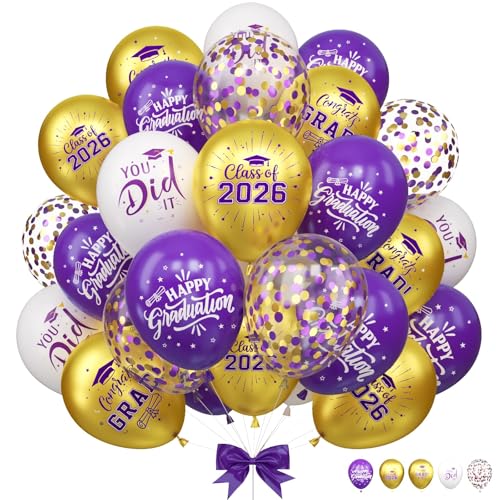 Purple and Gold Graduation Balloons 12 Inch Purple Gold White Confetti Grad Latex Balloons for class of 2026 Graduation Party Decorations Supplies