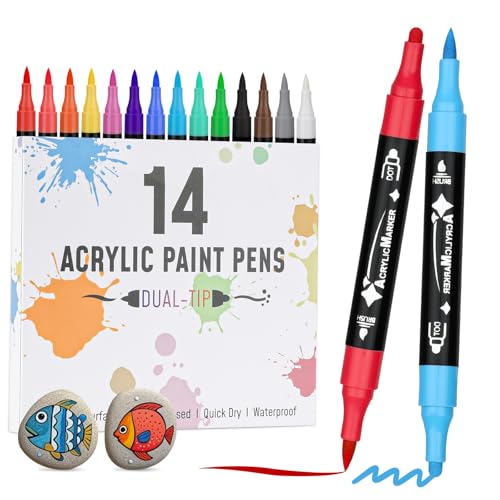 VynyQoo 14 Colores Rotuladores Acrilicos, Marcadores Acrílicos, Rotuladores Doble Punta, Rotuladores Acrilicos Punta Pincel para Pintar Piedras Cristal Cerámica, Acrylic Markers para Niños y Adultos