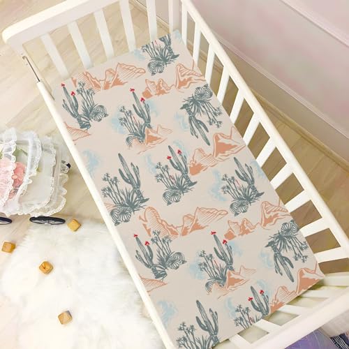 Image of Tropical Desert Cactus and Mountains Fitted Crib Sheets Stretchy Portable Playard Sheets for Baby Toddler, Breathable Soft Mini Crib Mattress 52 x 28 in for Boys and Girls