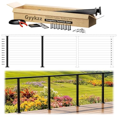 Image of 2 Pack Swageless One-Stop Cable Railing Post Kits 42 inch, Stainless Steel T304 Deck Railing System with Swageless Tensioner, Upgraded Black Powder Coated Level Drilled Post Kits with DIY Length