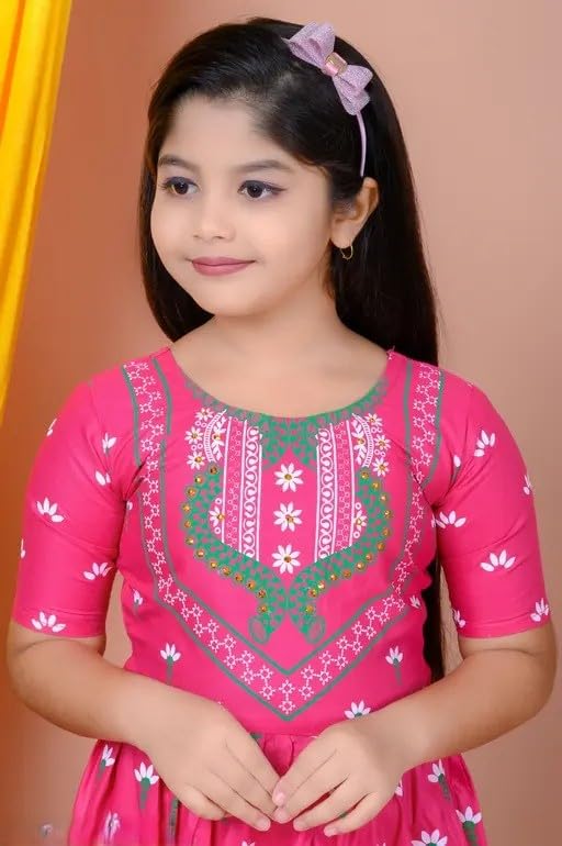 Image of Girls' Traditional Printed Kurti with Palazzo and Dupatta Set, Pink and White, Floral Design