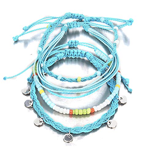 Blue Beaded String Anklet Coin Rope Yarn Ankle Bracelets Waterprof Braided Boho Anklets Beach Surfer Foot Jewelry for Women Girls