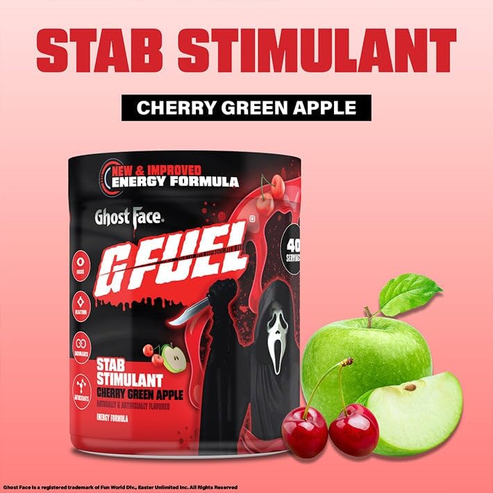 Image of G Fuel Ghost Face 2.0 Energy Drink Powder, Pre Workout Caffeine Mix for Gaming, Sugar Free Focus Amino, Vitamin + Antioxidants, 9.9oz (Cherry Green Apple, 40 Servings)