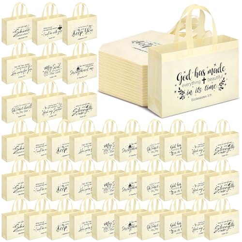 Paterr 50 Pcs Religious Tote Bags Large Tote Christians Bible Non Woven Reusable Goodie Bags with Handles for Women Groceries Party (Beige)
