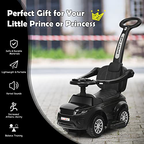 COSTWAY 3 in 1 Ride on Push Along Car, Baby Foot to Floor Slider with Parent Handle, Horn, Music, Lights, Storage Compartment, Toddler Sliding Walker for Boys Girls (Black) - Image 9