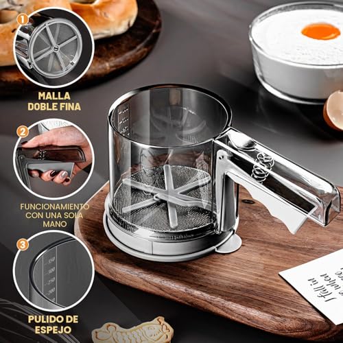 Miniatura 3 de Tamizador De Harina Para Repostería, 3 Tazas, Tamiz Manual, Acero Inoxidable Grado Alimenticio, Doble Malla Filtrante, Tamizado Rápido, Ideal Para Harina, Azúcar Glas Y Almendras En Polvo