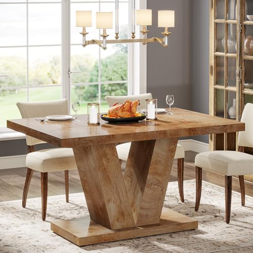 Image of Tribesigns 47-Inch Dining Table for 4, Light Oak Brown Kitchen Dinner Furniture with Heavy Duty Pedestal, Farmhouse Wooden Eating Desk for Home, Dining Room, Small Space