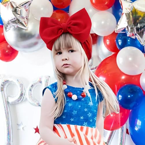 Hairband, 4th of July Accessories for Baby Girls, Soft and Stretchy Nylon Headbands for Newborn to Toddler, 7" Includes 2 Large Bow Headbands, Red Blue Headband, Children3