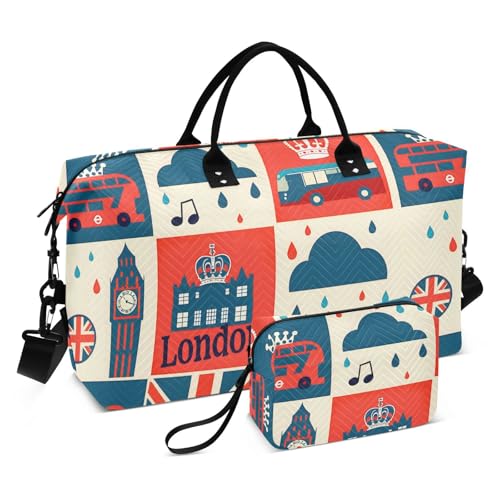 London British Flag Cartoon Large Travel Duffle Bag Weekender Overnight Bags Gym Yoga Bag for Women Men with Toiletry Bag