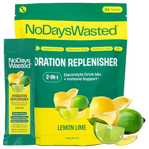 No Days Wasted Hydration Replenisher Electrolyte Replacement Stick Packets| Essential Rapid Hydration & Vitamins | Sodium, Potassium, Magnesium, Vitamins B, C, D, Zinc | Lemon Lime 24 Pack Cover
