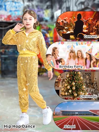 Image of LOLANTA 2Pcs Girls Dance Outfits Cropped Sequin Jacket Pants Set, Kids Hip Hop Dance Costumes for 80s 90s Party 5-15 Years